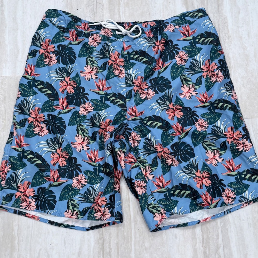 St Johns Bay Mens 2XLT Swim Trunks Blue Tropical Floral Board Shorts Mesh Lined